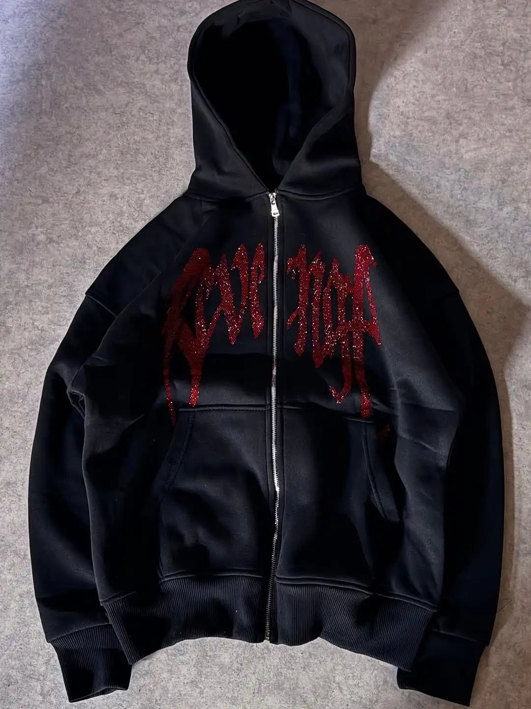Rhinestone Gothic Hoodie Unisex Black Zip Up Sweatshirt Crystal Filled Letter Print Red White Color Men Streetwear Hip Hop Top