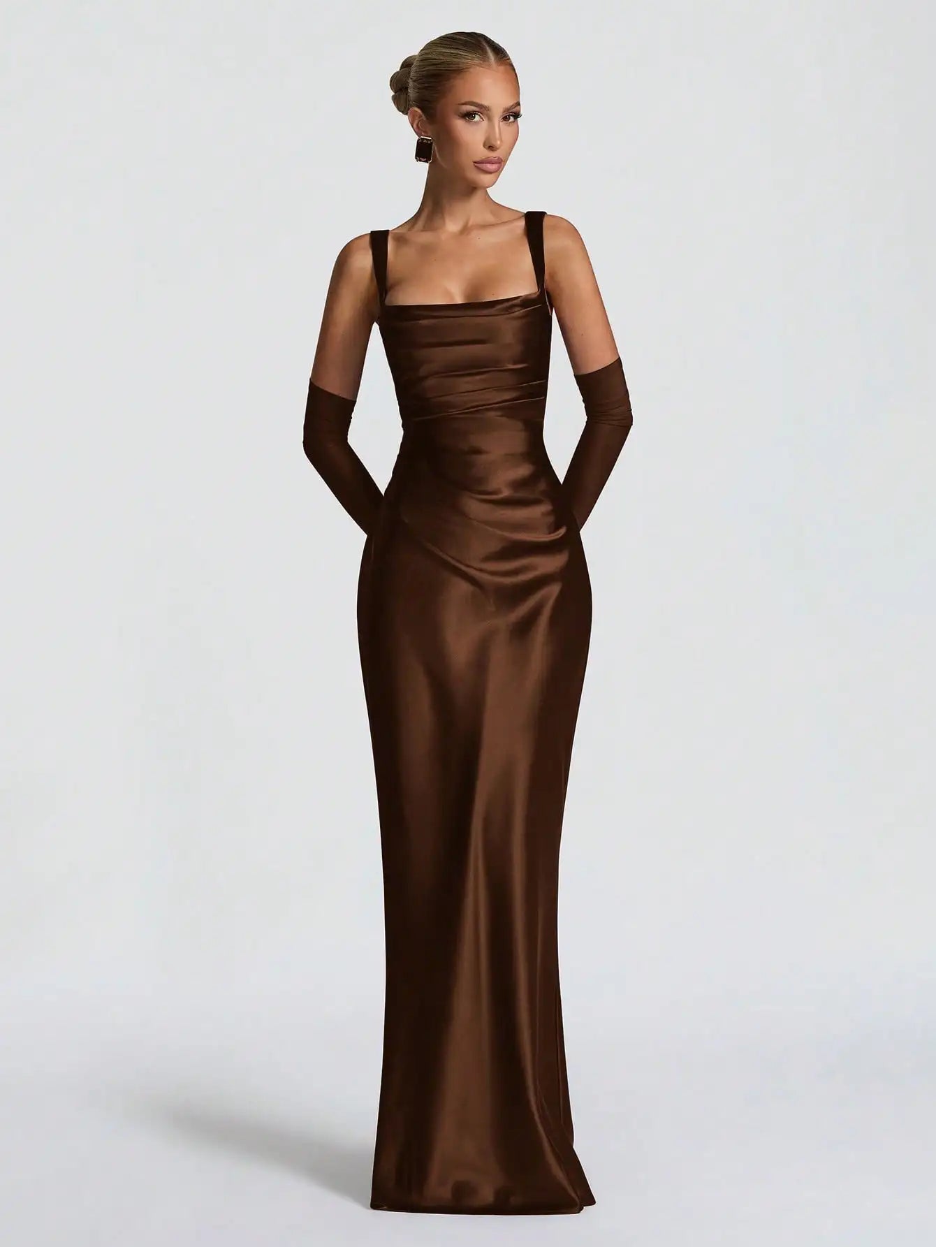 Black Satin Floor-Length Slip Dress With Ruched Waist And Sheer Gloves For Evening Gala Or Wedding Event