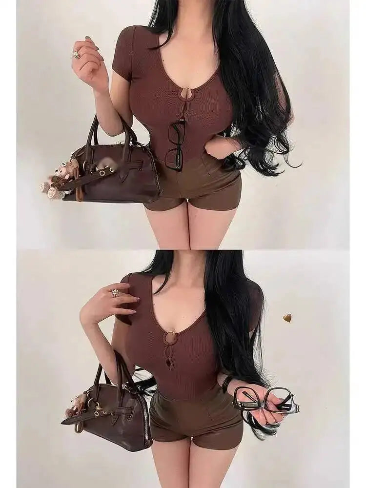 Hot Girl Sexy Hollow V-neck Tight Look Slimming Chest Cushion Short Sleeve Jumpsuit T-shirt Top Body Suits Fashion Women 256M