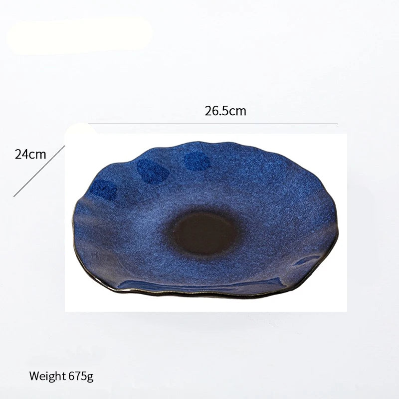 1PCS Cat Eye Blue Color NEW Japanese Ceramic Food Dish Flat Plate Pottery Irregular Dish Dinnerware Steak Display Dish