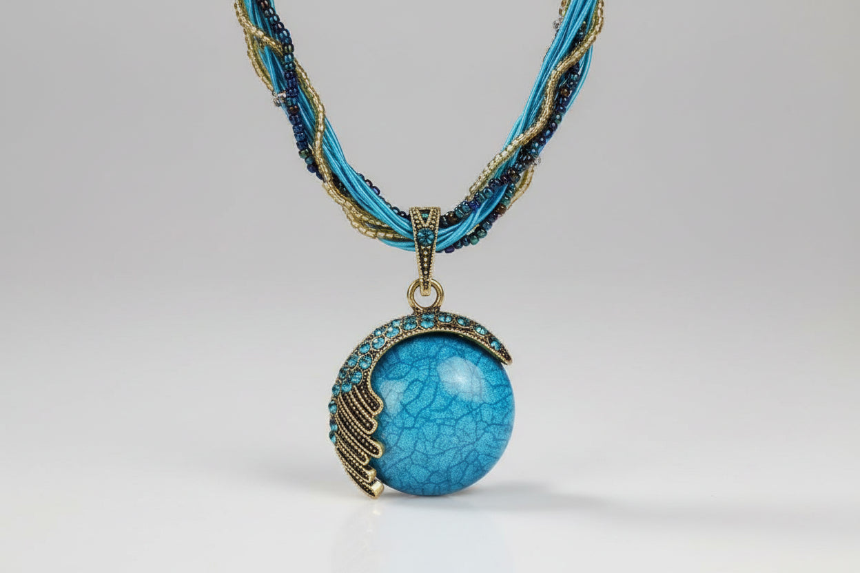 Blue necklace with a cracked stone pendant on a blue fabric background, featuring the brand 'KiSMiS'.