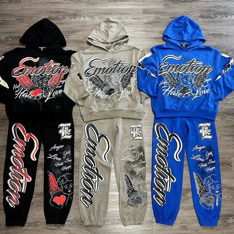 MIXED EMOTION 2-Piece Cotton Hoodie + Sweatpants Graffiti Print Sets