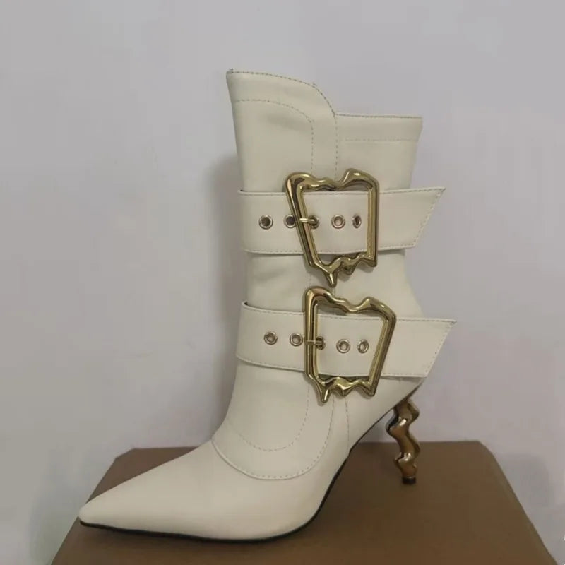 Gold Beltbuckle Decorative Sidezipper Kneehigh Boots Women's Metal High-heeled Versatile Banquet Boots