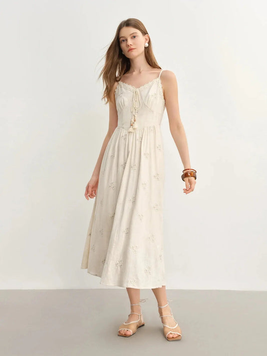 New Fashion Beige Temperament Long Dress with Lace-up Straps