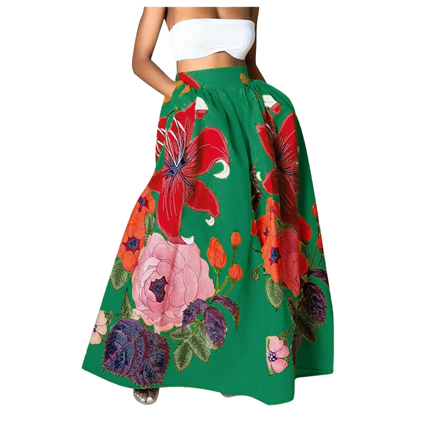 Bohemian Women Long Skirt Large Swing High Waist Floral Printing A-Line Skirt Women Faldas Fashion Casual Party Skirt Pockets