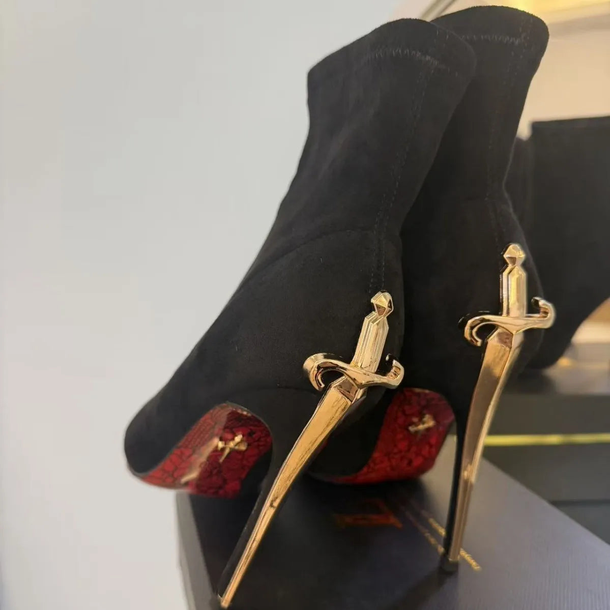 Ladies' Short High Heels Velvet Surface Red Bottom Boots Sharp Point Elastic Boots Gold Dagger Staff Boots Winter Fashion Boots