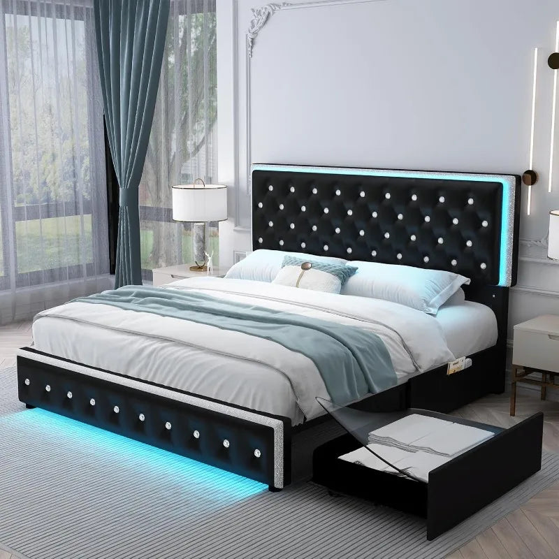 LED Bed Frame with 2 Drawers, Storage Platform Beds with Upholstered Crystal Button Tufted Headboard Footboard, 2 Side