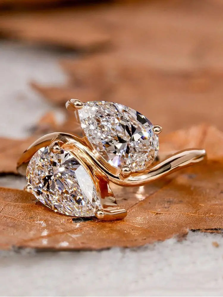 925 Sterling Silver Sparkling Double Water Drop Zircon Ring For Women Engagement Wedding Luxury High Quality Fine Jewelry