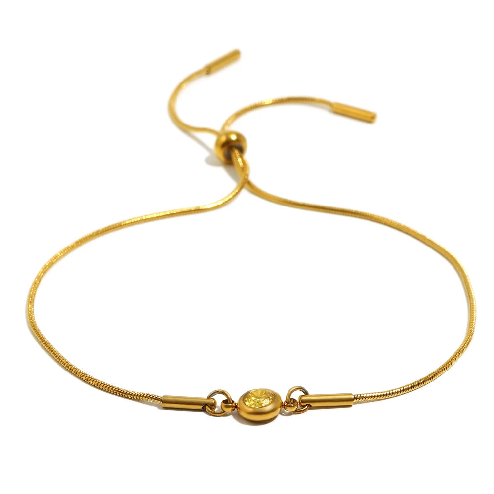 E.B.belle Colorful Round Zircon Birthstone Snake Chain Adjustable Bracelet Chain Gold Plated Stainless Steel Women Chic Jewelry