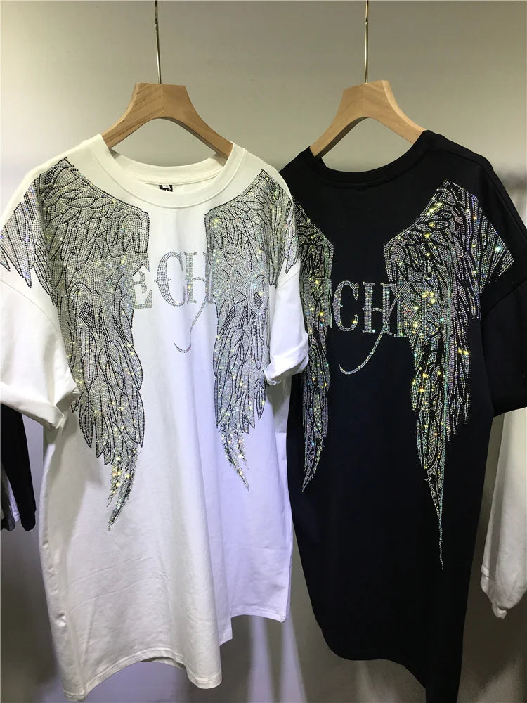 L-4XL Oversize Rhinestone Angel Wings Harley T-Shirt Clothing for Women Men Hip Hop Streetwear Loose Short Sleeve Brand T-shirt