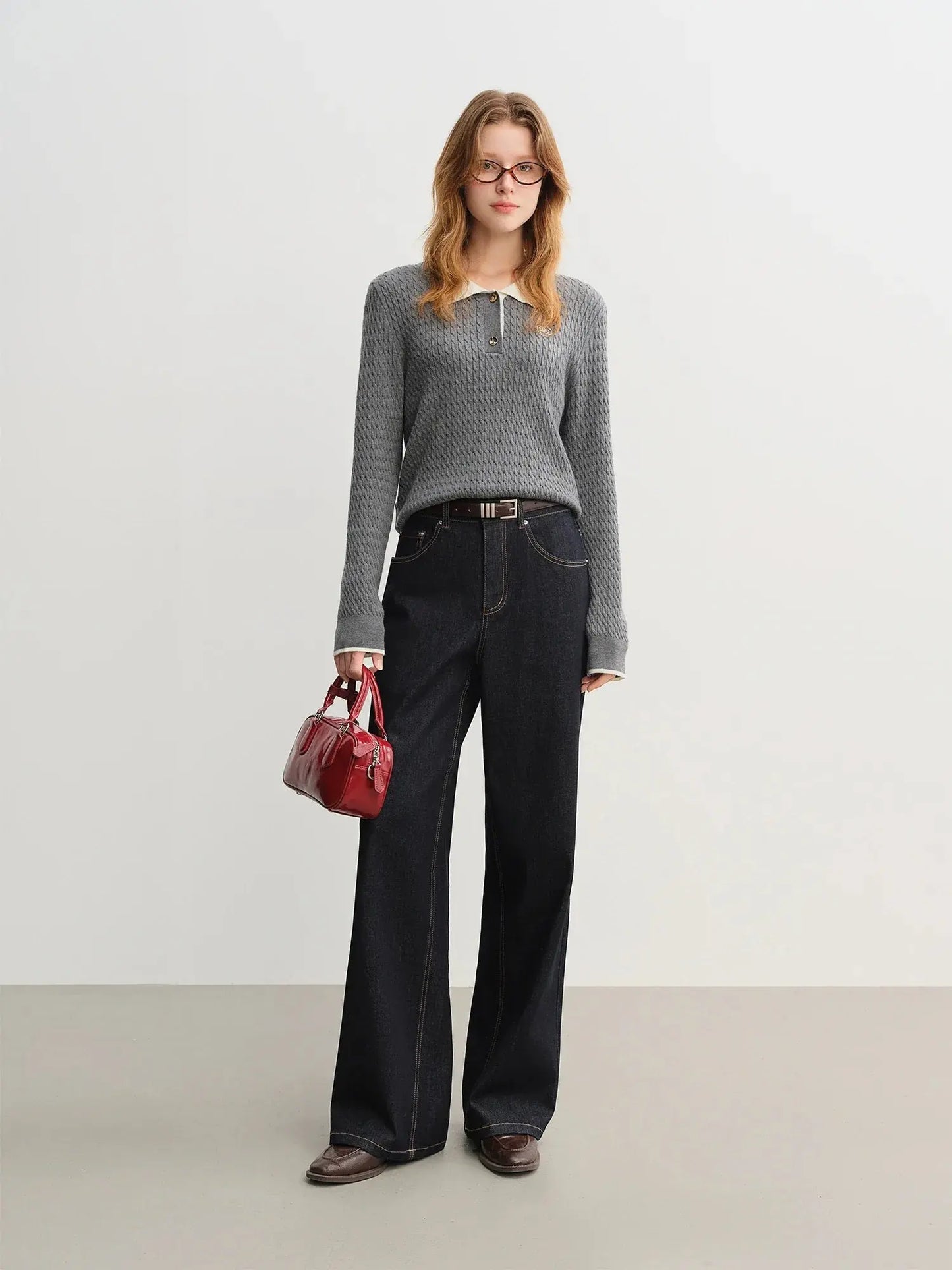 Relaxed Fit Textured Rib-Collar Knit Top