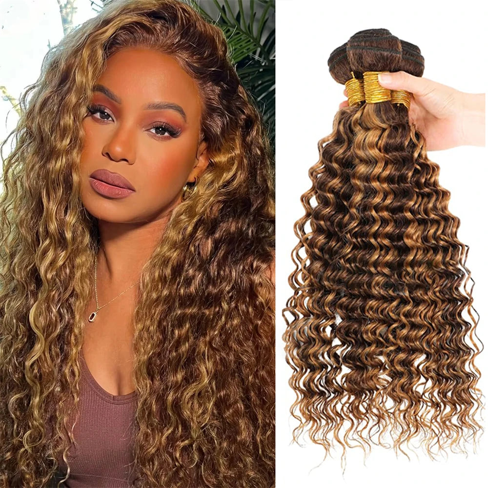 4/27 Deep Wave Highlight Burmese Curly Hair Hundles Honey Blonde Brown Curly Hair Weave 1/3/4 Bundles Deal Virgin Hair Extension
