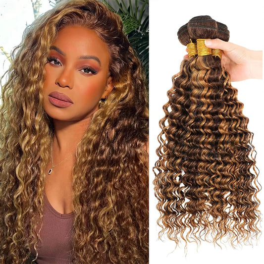4/27 Deep Wave Highlight Burmese Curly Hair Hundles Honey Blonde Brown Curly Hair Weave 1/3/4 Bundles Deal Virgin Hair Extension