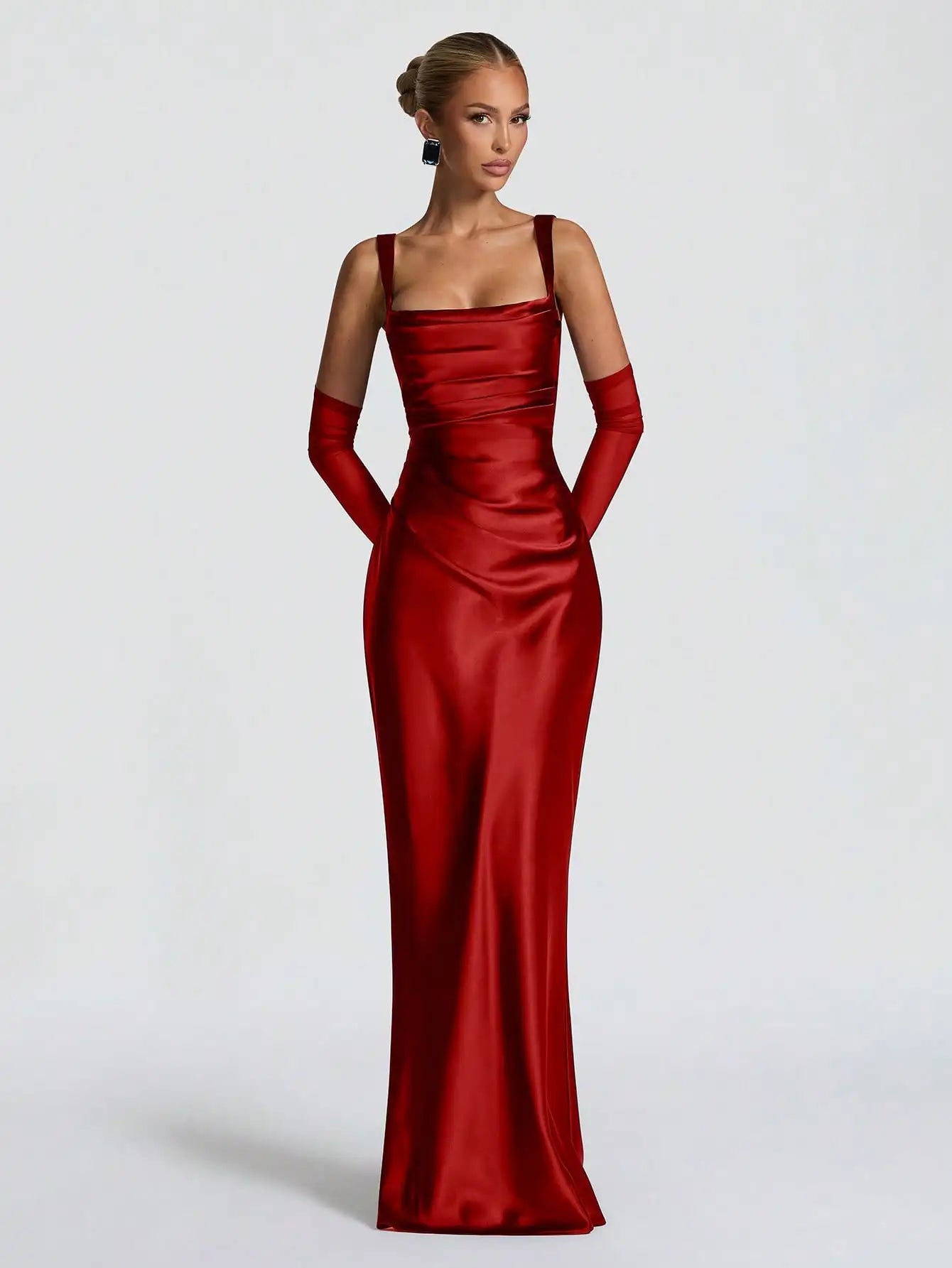 Black Satin Floor-Length Slip Dress With Ruched Waist And Sheer Gloves For Evening Gala Or Wedding Event