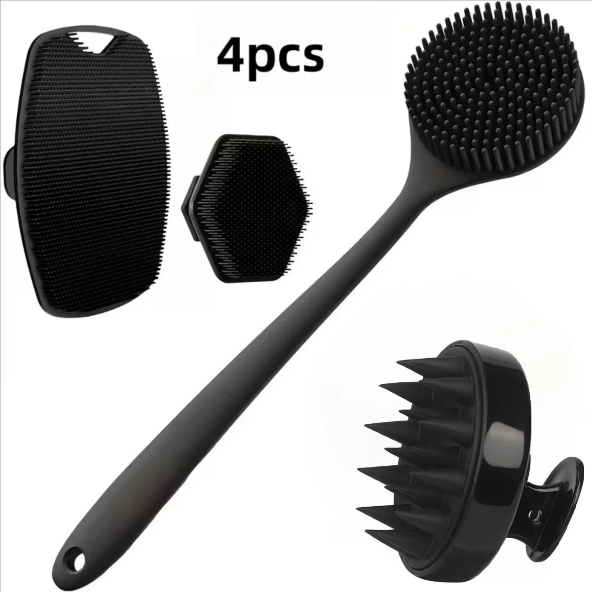 Four-piece black pet grooming brush set on a white background, including a long-handled brush, two small handheld brushes, and a silicone-detangling brush attachment. Text reads '4pcs'.