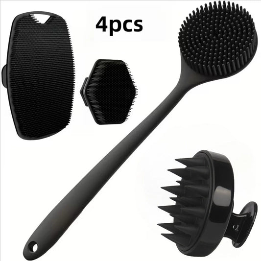 Four-piece black pet grooming brush set on a white background, including a long-handled brush, two small handheld brushes, and a silicone-detangling brush attachment. Text reads '4pcs'.
