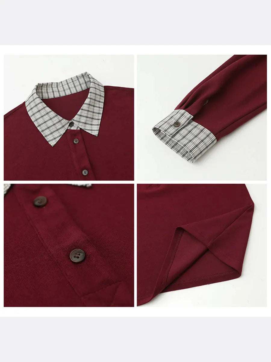 Color Block Plaid T-Shirt  Loose Casual Long Sleeve