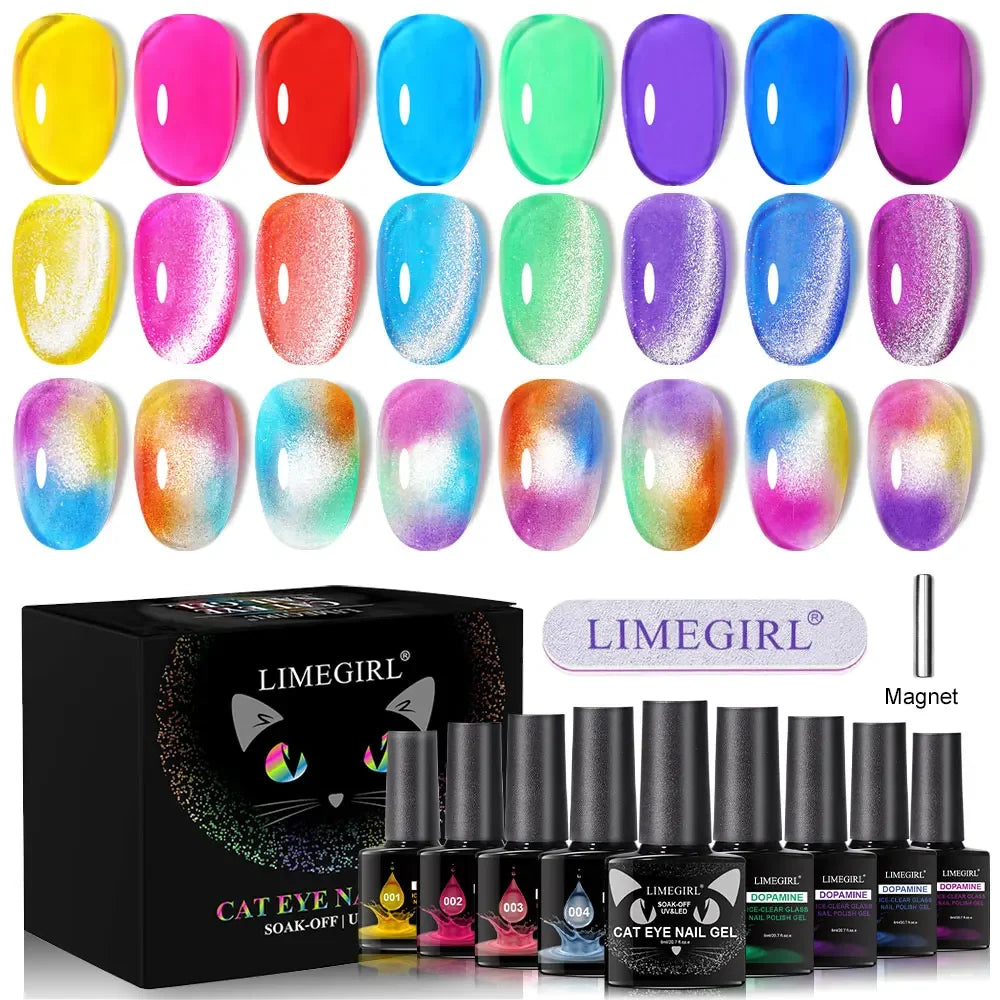 Limegirl 10ML Cat Eye Gel Nail Polish With Magnet Soak off UV Holographic Magnetic Rainbow Gel Polish for Nail Art DIY Manicure