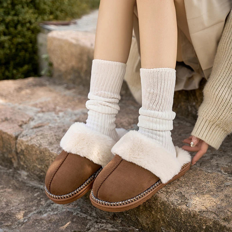 Smile Pop Winter Fur Cotton Slippers For Women Soft Comfort Fuzzy Bedroom Slides Faux Fur Warm Plush Shoes Fluffy House Slippers