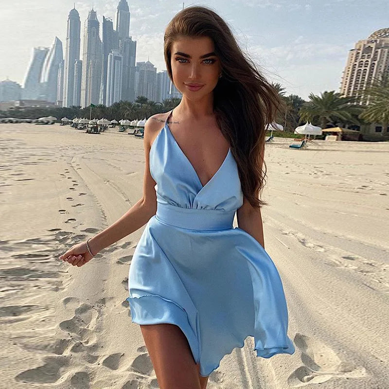 Women Sexy Summer Dress Hotsweet Party Spaghetti Strap Bow Big Swing Female Bckless Club Fashion Sleeveless New Mini Clothing