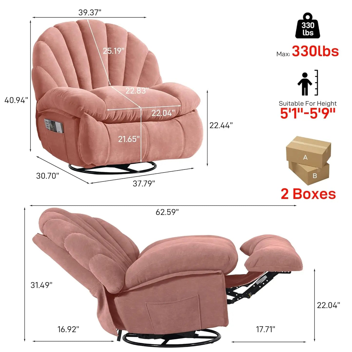 Shell Swivel Rocker Recliner Chair 360 Manual Big Tall Sofa Storage Pocket Living Bedroom Small Pink, Customized