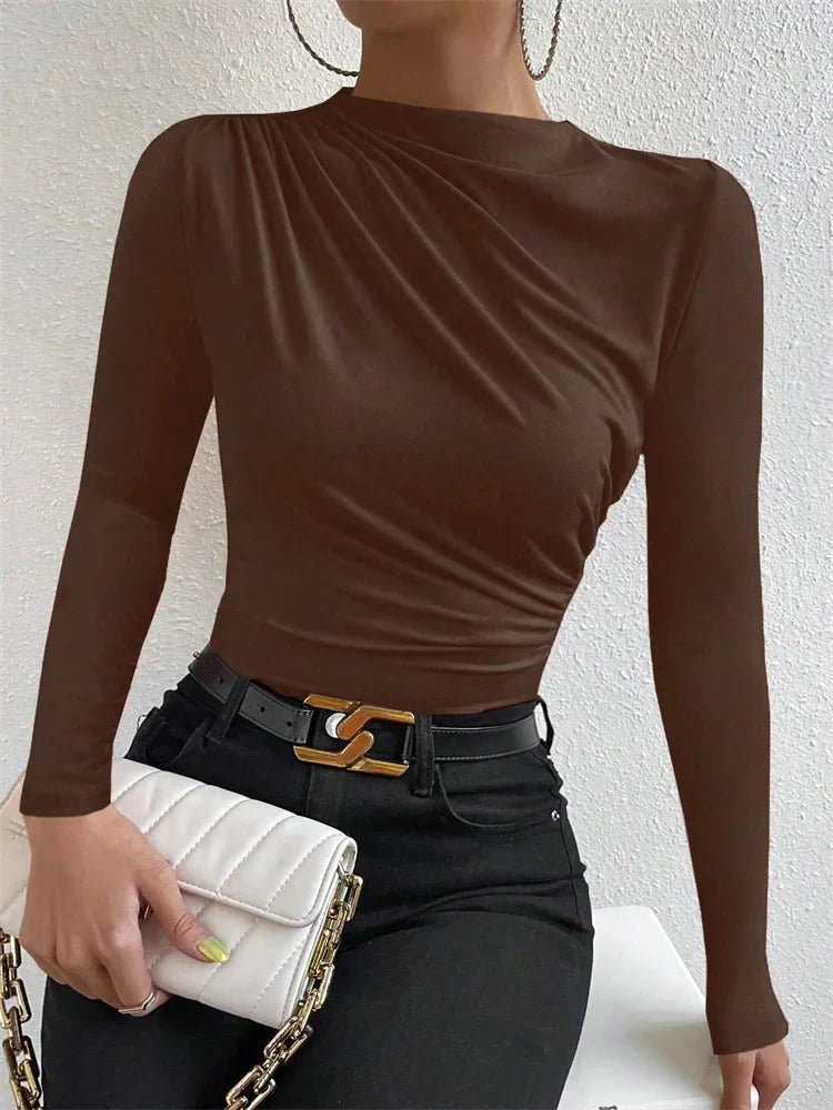 Casual Pleated Mock Neck Long Sleeve T-shirt for Women Autumn Winter Spring Solid Color Ruched Skinny Slim Fit Blouse Top Tshirt