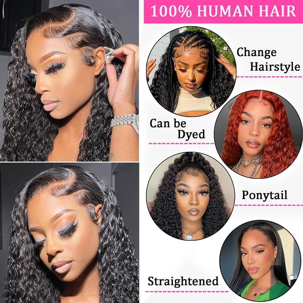 42Inch 250% Density Deep Wave GLUELESS Lace Front Human Hair Wigs HD Transparent 13x6 Lace Frontal Wigs Wet and Wavy Human Hair Wigs