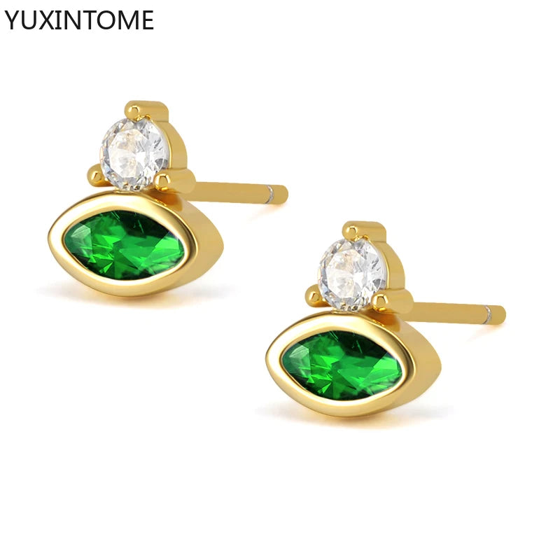 925 Sterling Silver Ear Needle Green Zircon Stud Earrings for Women Luxury Long Chain Geometric Gold Earrings Fashion Jewelry