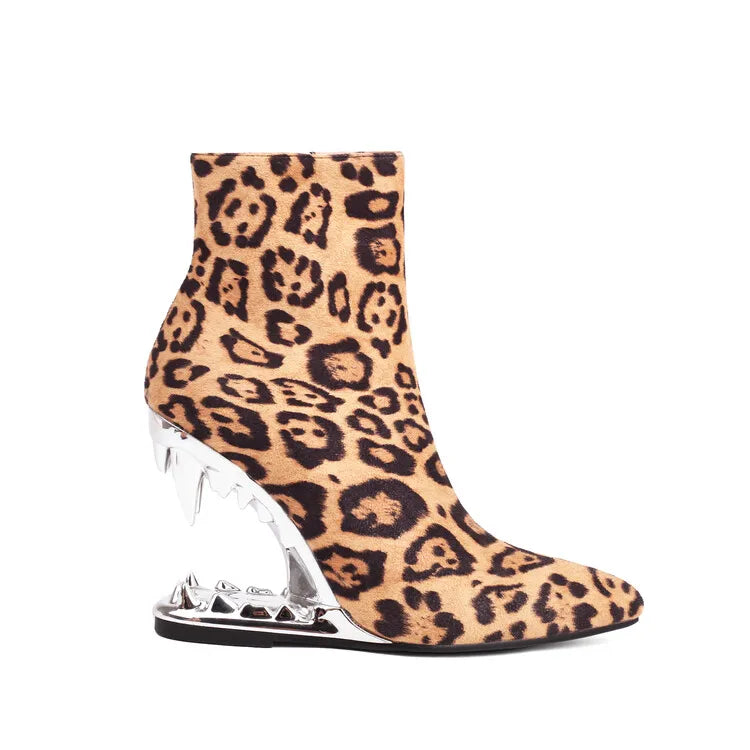 Hollow Out Tiger Tooth Shaped Heel Design Short Boots  New Fashionable Leopard Print Zebra Zippered Women's Ankle Boot Size 46