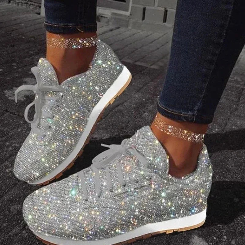 New Women Flat Sneakers Casual Bling Vulcanized Shoes Women Mesh Lace