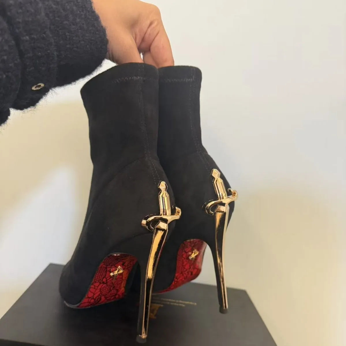 Ladies' Short High Heels Velvet Surface Red Bottom Boots Sharp Point Elastic Boots Gold Dagger Staff Boots Winter Fashion Boots