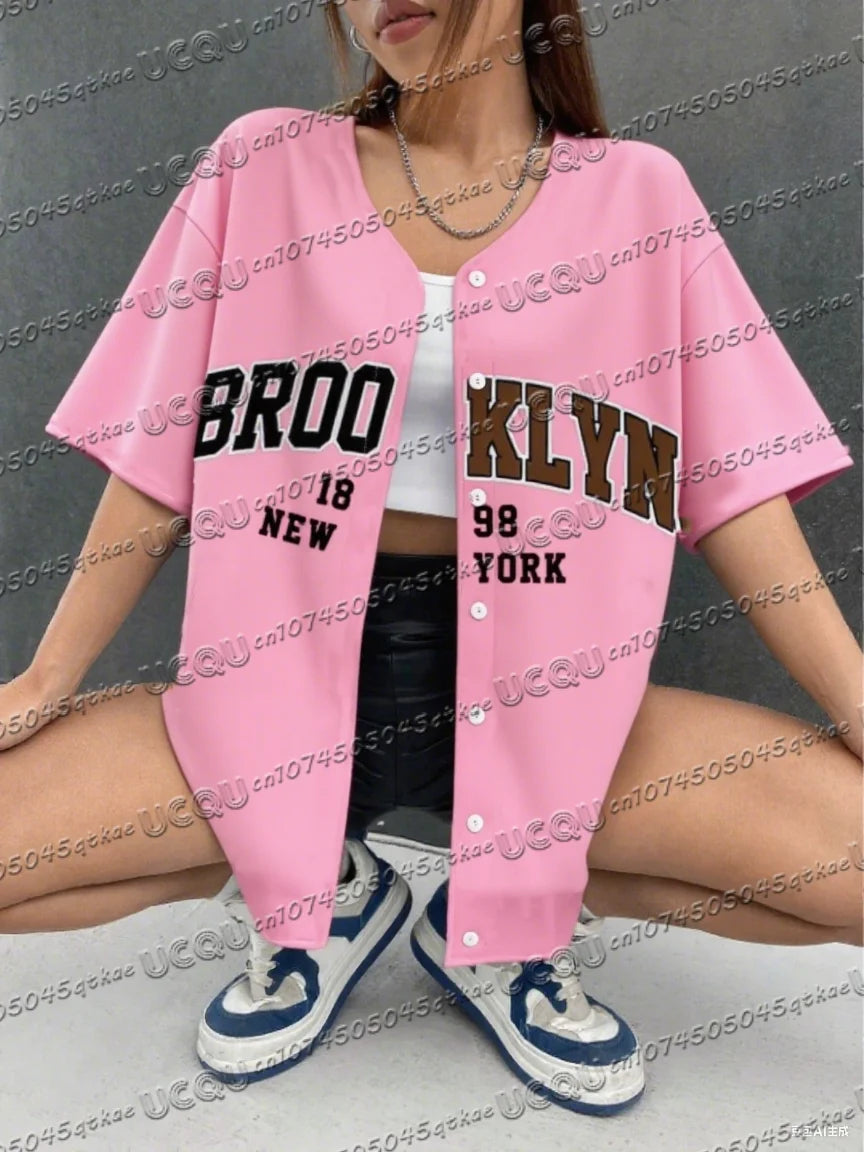 Summer Women's Baseball Jersey Brooklyn Button T-shirt Jersey Men's Short Sleeve Casual Button Streetwear Sport Top