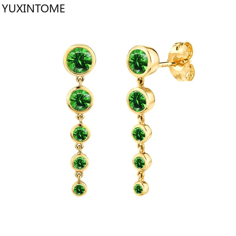 925 Sterling Silver Ear Needle Green Zircon Stud Earrings for Women Luxury Long Chain Geometric Gold Earrings Fashion Jewelry