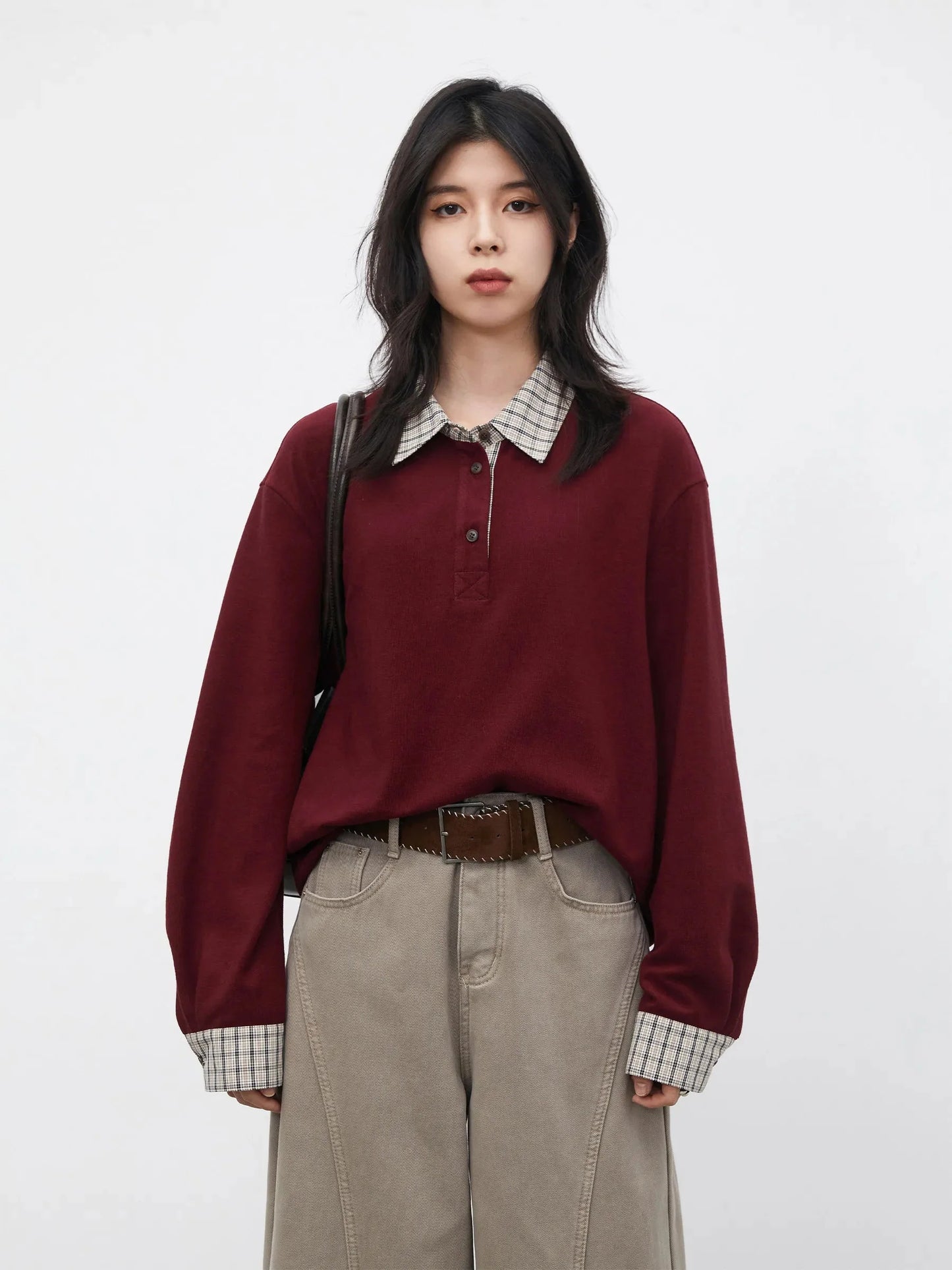 Color Block Plaid T-Shirt  Loose Casual Long Sleeve
