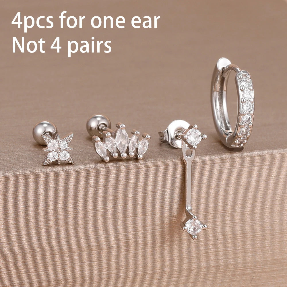 4pcs Stainless Steel Zircon Water Drop Earrings Set