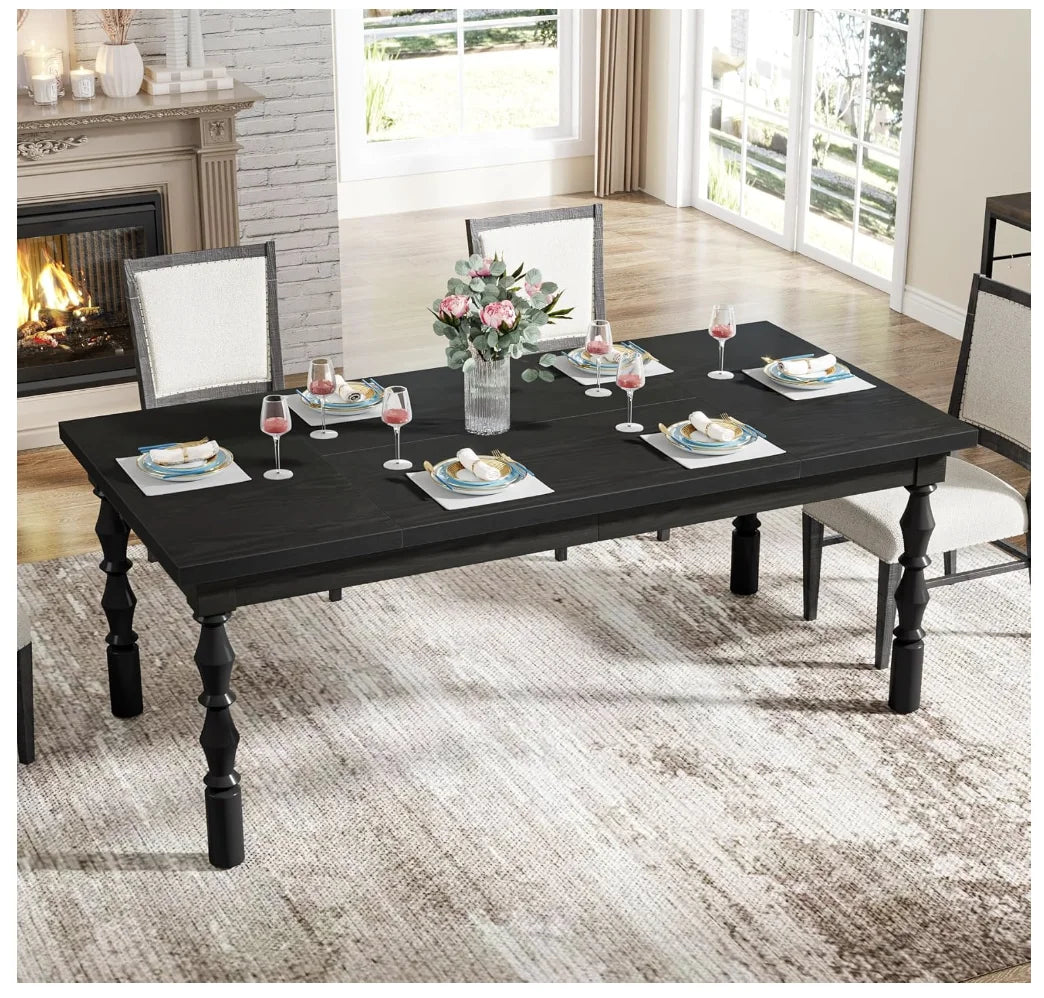 Wood Black Dining Table for 4-6 People, 62” Farmhouse Large Rectangle Kitchen Table, Modern Dinner Table Kitchen & Dining Room