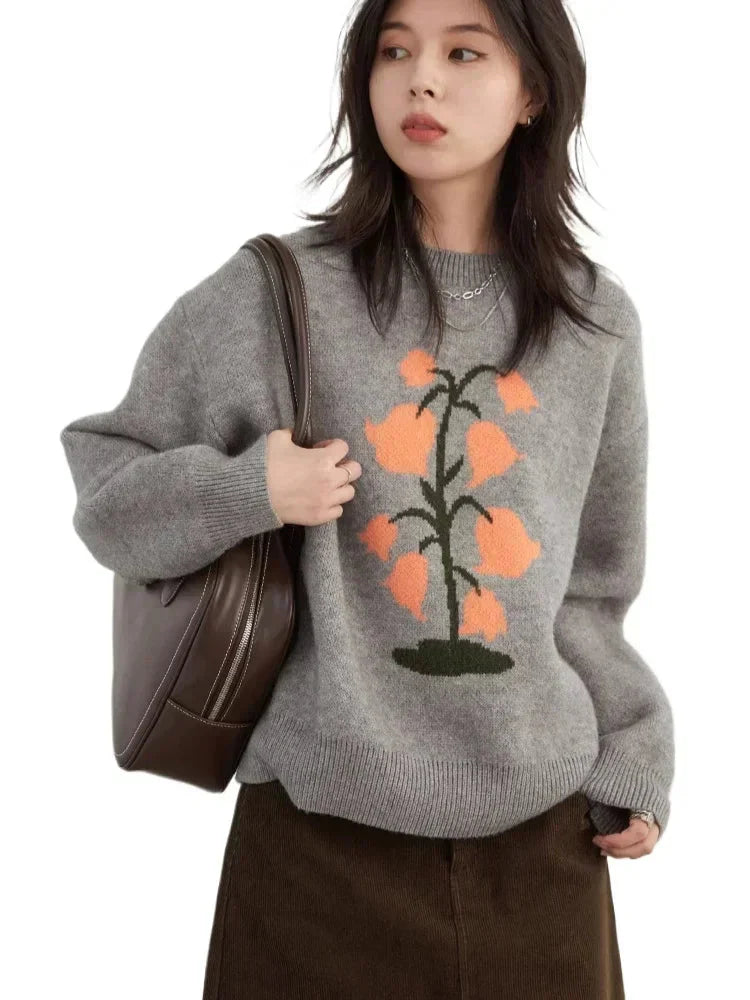 O-Neck Floral Cashmere Sweater Warm Winter Jumper