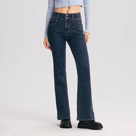 Women's High-Waist Flared Jeans Long Fleece Trousers