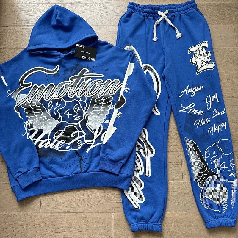 MIXED EMOTION 2-Piece Cotton Hoodie + Sweatpants Graffiti Print Sets