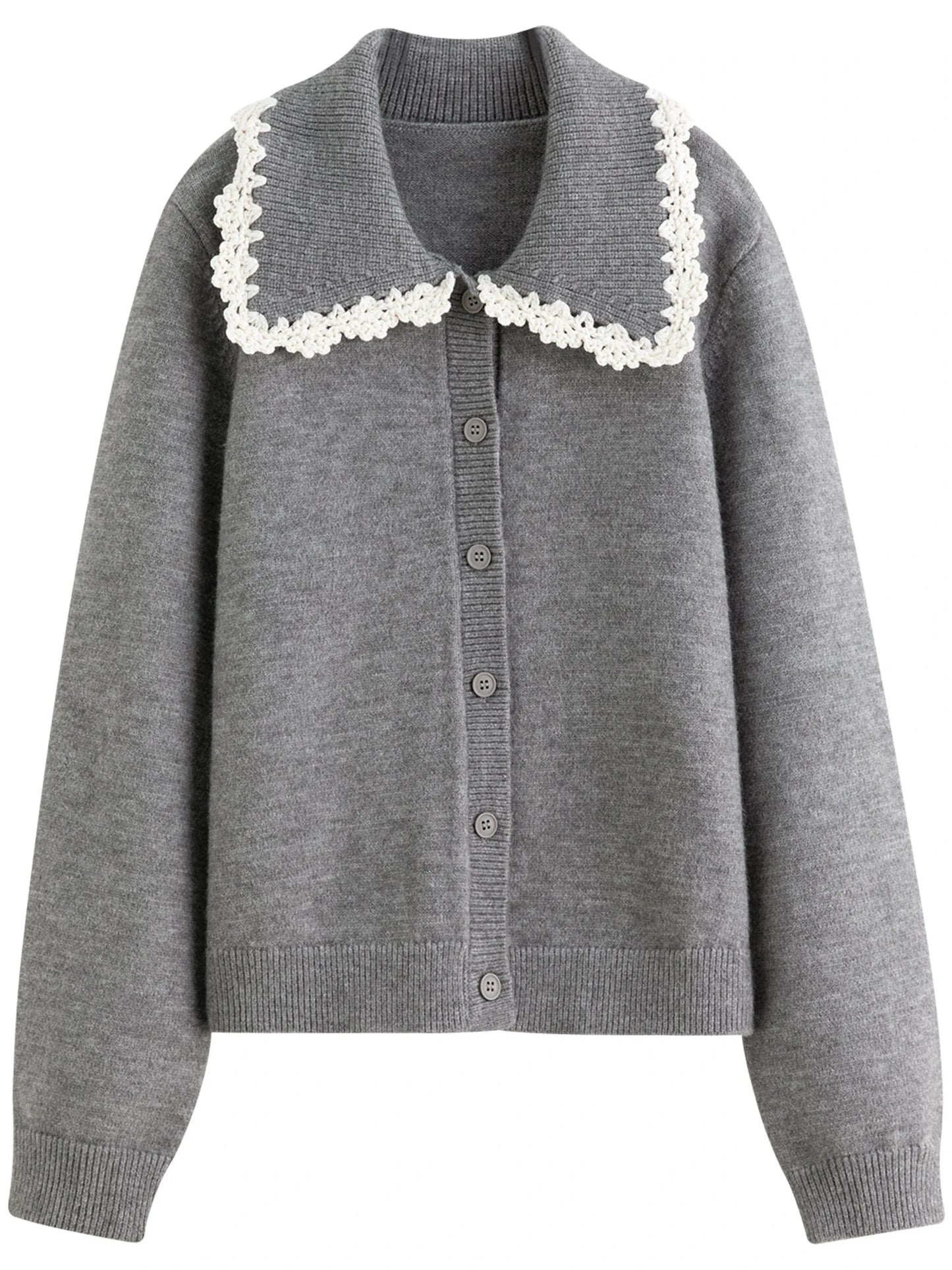 Floral Embroidered Cardigan Sweet Lace Trim Knit