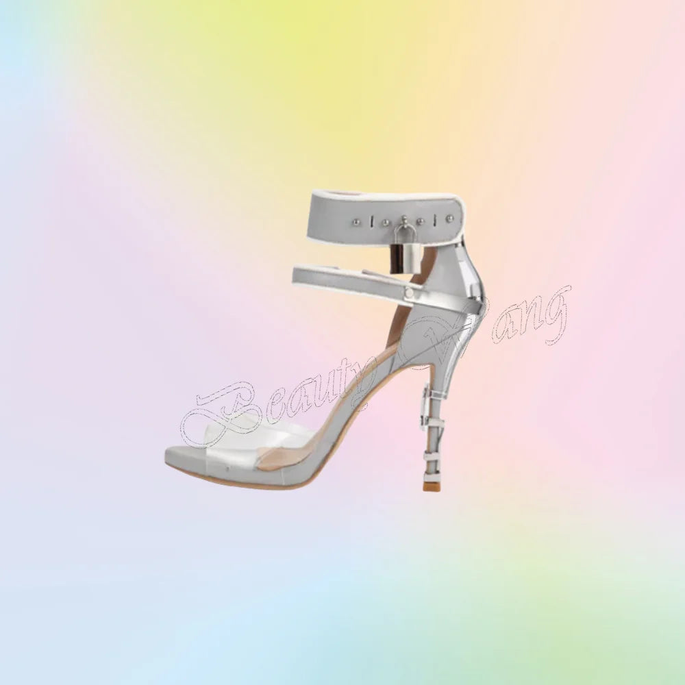 Crystal Sandals Runway Style Metal PVC Round Toe High Heel Shoes