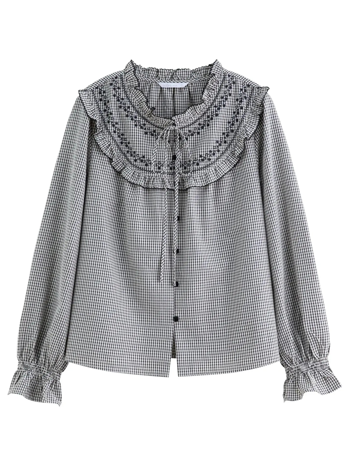 Sweet French Style Ruffled Plaid Shirt for Women