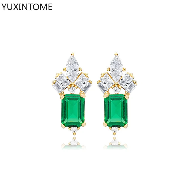 925 Sterling Silver Ear Needle Green Zircon Stud Earrings for Women Luxury Long Chain Geometric Gold Earrings Fashion Jewelry
