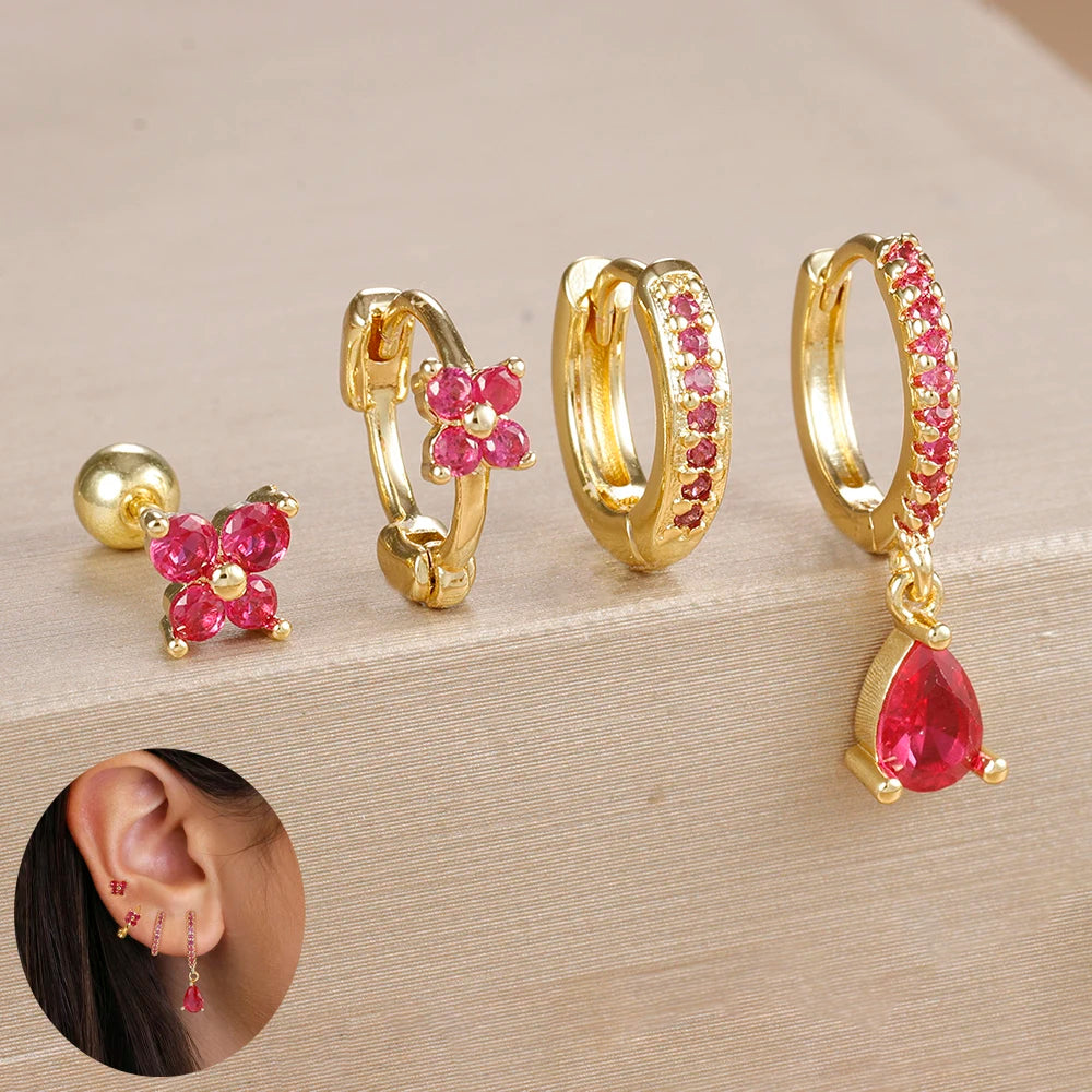 4pcs Stainless Steel Zircon Water Drop Earrings Set