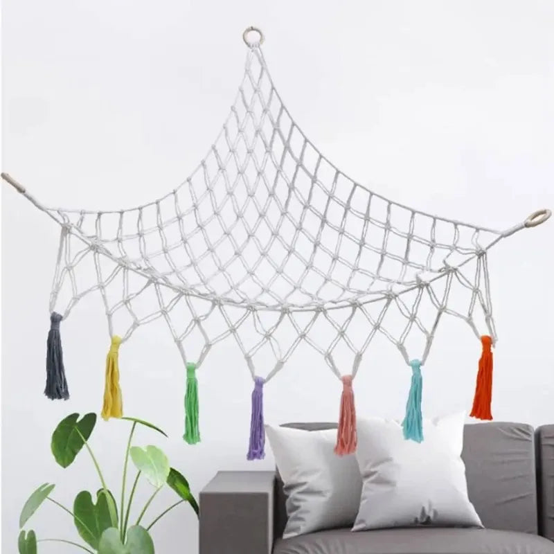 1PC-white plush toy hammock net, bohemian weave, plush toy storage rack, space saving, large capacity, corner hanging net