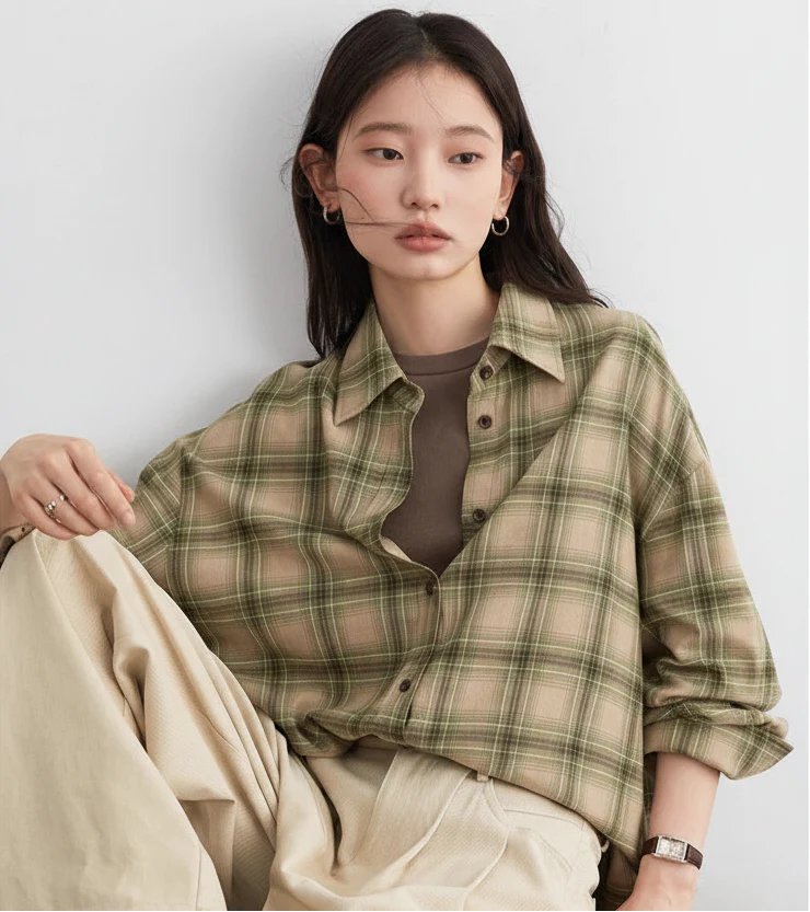 Long Sleeve Plaid Shirt Casual Loose Fit Autumn Blouse