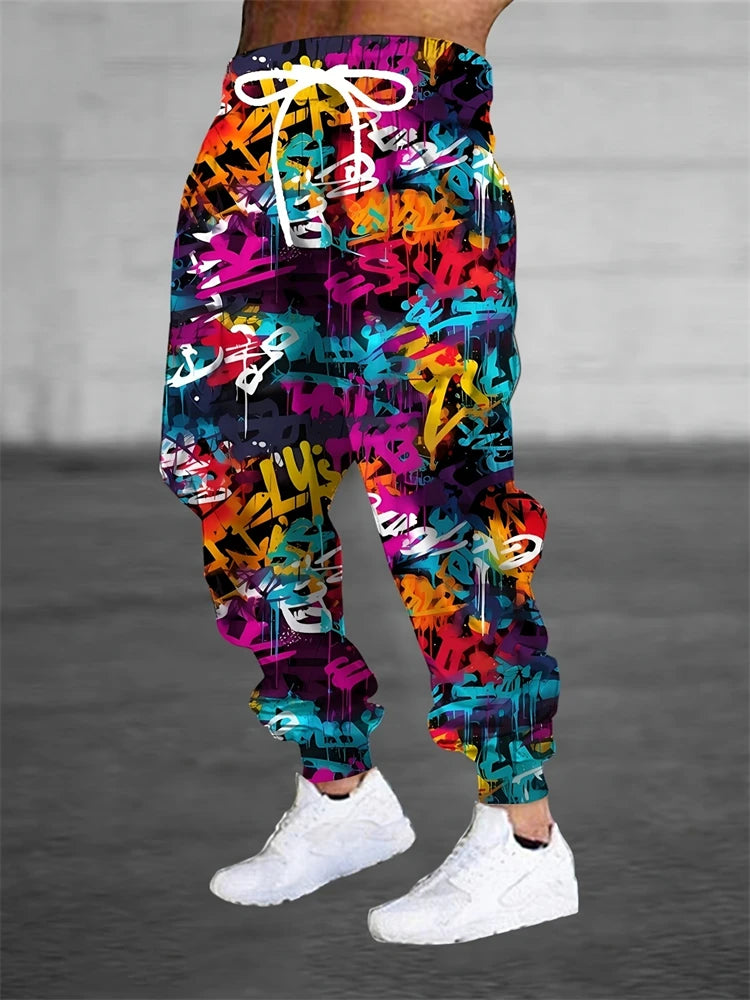 Men's Casual Pants Fashion 3D Colorful Graffiti Print Outdoor Trend Drawstring Pants Large Size Men's Hip Hop Pants