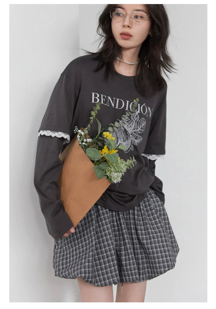 Cotton Letter Print T-Shirt Lace Patchwork Tee