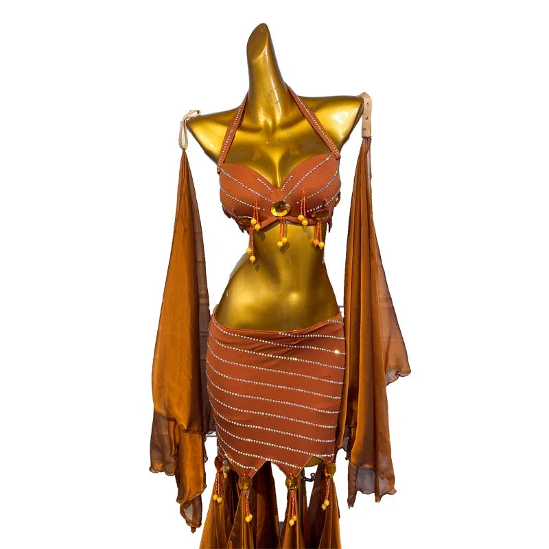 Belly Dance Costume Women Customized Luxury Rhinestone High-end Satin Performance Set Girls' Oriental Dance Competition Clothing