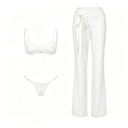 Sexy 3Pcs Swimsuit With Beach Pants Women Bikini Push Up Swimwear Biquini White Swim Suit Micro Bikinis Bathingsuit Beachwear